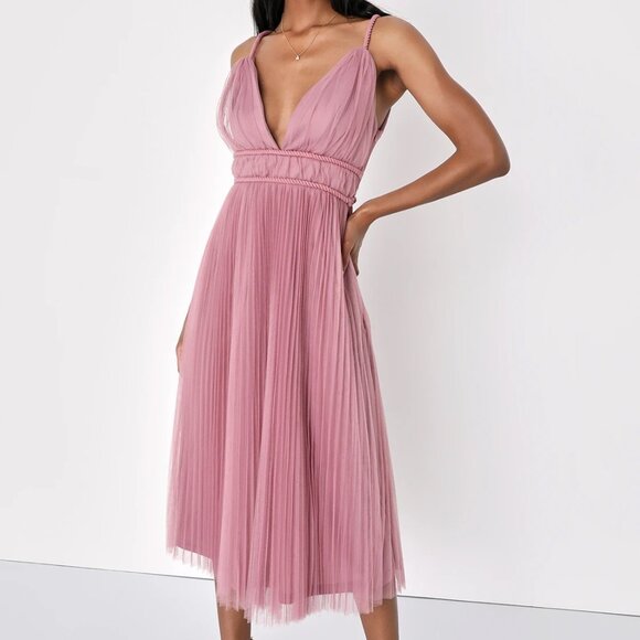 Pink Mesh Pleated Sleeveless Midi Dress - Picture 1 of 7